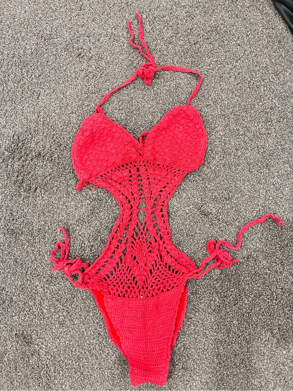 Vintage Red Crochet One-Piece Swim Suit